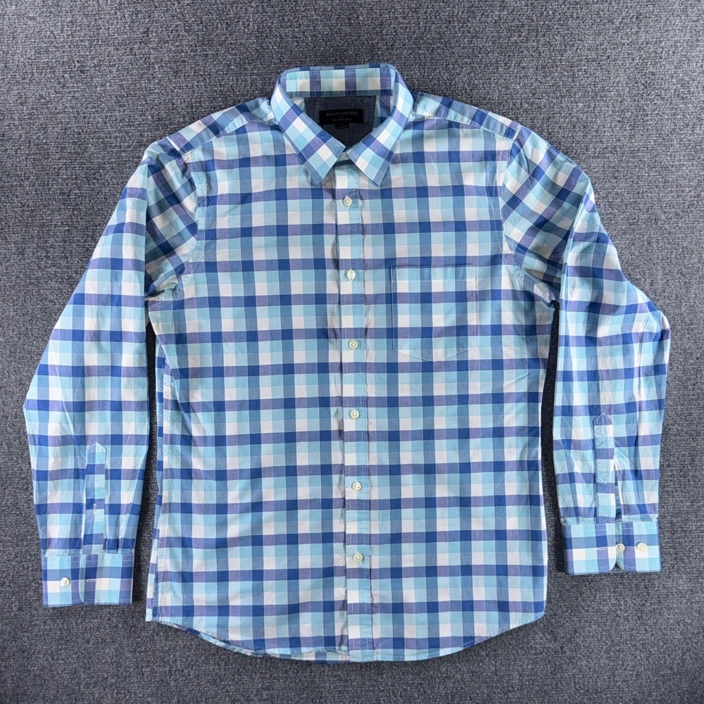 Banana Republic Mens Soft Wash Slim‎ Fit Gingham Check Button Down Shirt Blue L